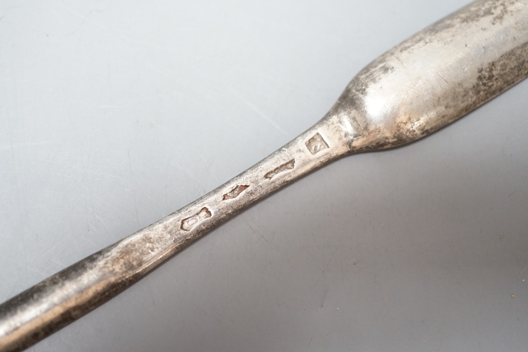 A George II silver marrow scoop, maker JS, London, 1739?, 21.4cm.